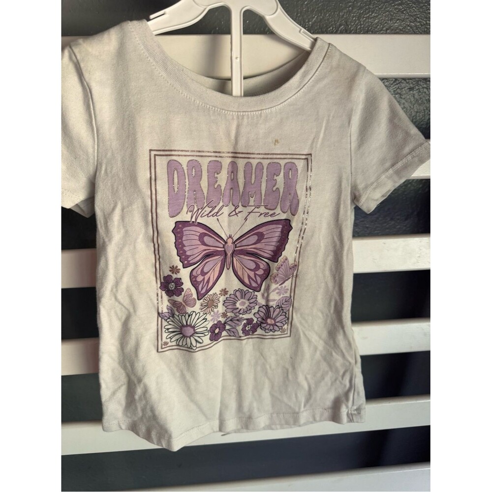 White Kids Tee with Purple Butterfly Graphic - Dreamer Wild & Free